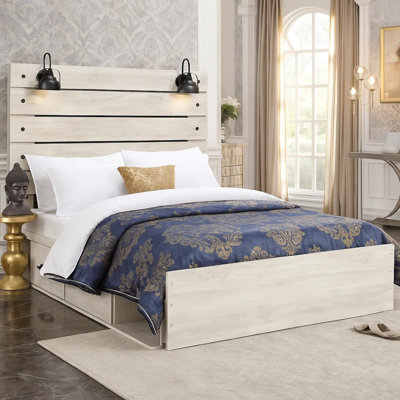 Cemy Rustic Queen Panel Bed, 2 Sconce Lights And Drawers, Whitewash