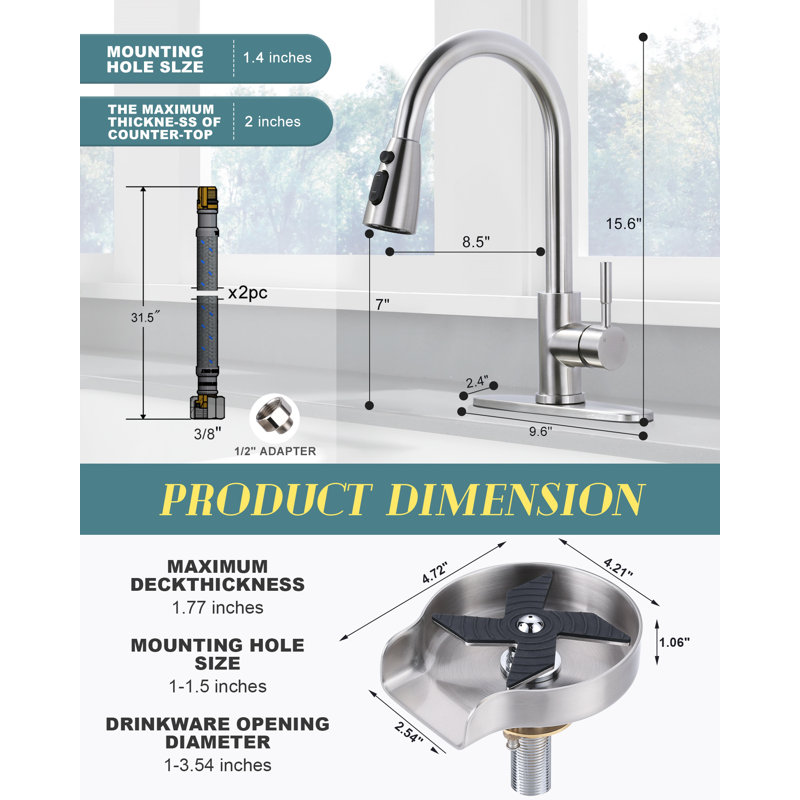 Robinet de cuisine rétractable à poignée simple en acier inoxydable avec plaque de pont et laveur de verre ARCORA