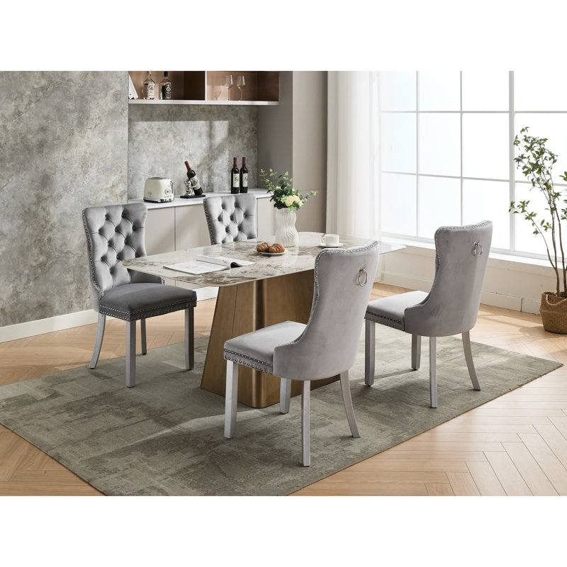 Chaises de salle à manger rembourrées en velours contemporain haut de gamme pour 2 personnes, gris, structure en bois d'hévéa massif, dossier, rembourrage en mousse, pieds de rivets décoratifs, pour la pièce