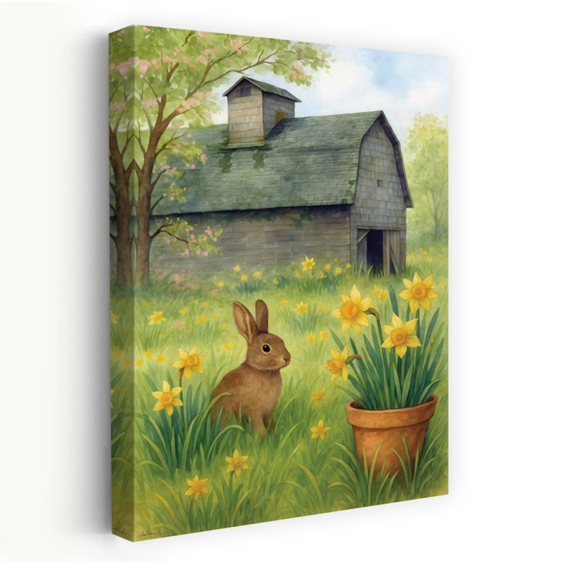 Lapin dans les jonquilles, art abstrait printemps nature jonquille contemporaine rustique, H 24 po x l 16 po