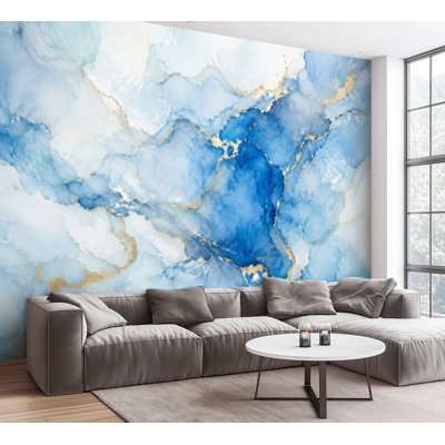 Wall Mural Peel and Stick Wallpaper abstract white blue marble gold glitter veins fake stone painted Self-Adhesive Removable Contact Paper Wall Decor for Living Room Bedroom 100"H x 144"W