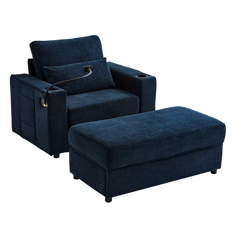 Fauteuil compact bleu avec porte-gobelet mobile, double charge et poches latérales pour petits espaces, Bleu