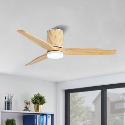 52 In. 3 Solid Wood Blades Flush Mount Ceiling Fan With Led Light