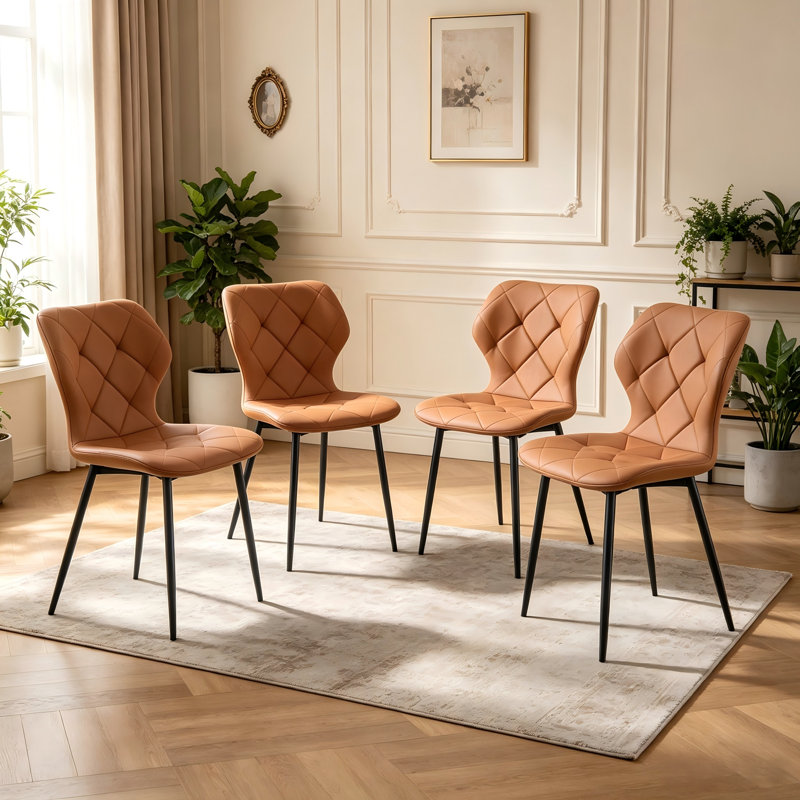 Faux Leather Upholstered Dining Chairs with Wide Curved Back and Metal Frame, Coffee, 4