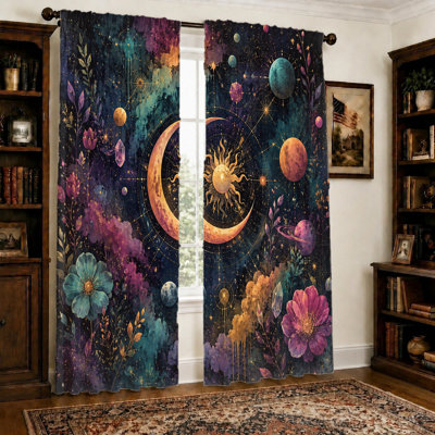 2Pcs Celestial Sun Moon Dreamscape Curtains, Light Filtering, Zodiac Constellation and Cosmic Planets Print, Vintage Mysterious Ambiance, Privacy Protection, Rod Pocket Design, for Living Room Bedroom Home Decor