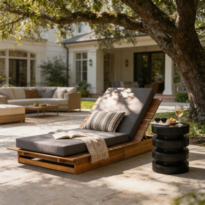 Chaise longue en bois d'acacia avec coussin mobile - Chaise de patio, fauteuil inclinable à 3 positions, capacité de 400 lb