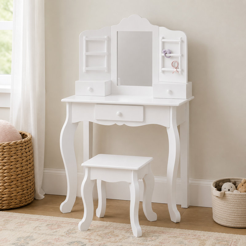 Teamson Kids Wooden Kids Vanity Table and Stool Set, White with Drawers