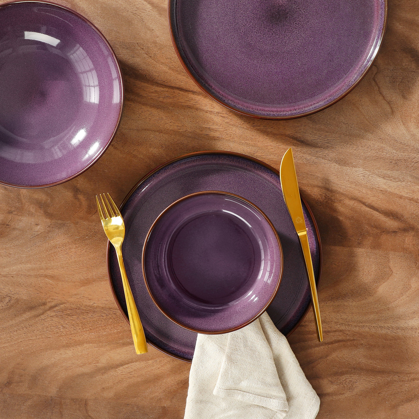  24 Piece Green Ceramic Dinnerware Set for 6,Kiln-Fired Plates,Dessert Plates,Pasta Bowls&Bowls, Purple