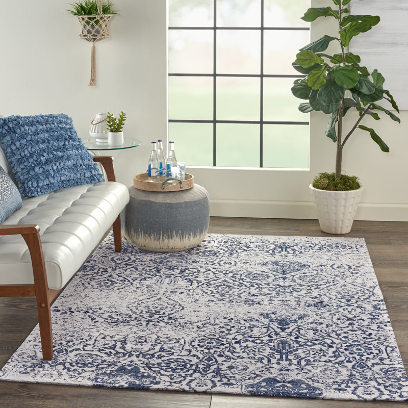 Tapis ivoire / bleu marine à motif abstrait Basham, Rectangle 5 pi x 7 pi