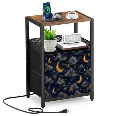Table de chevet 2 tiroirs en tissu avec station de charge Starry Night Sky Crescent Moons Clouds Table de chevet avec tablettes ouvertes Ports et prises USB