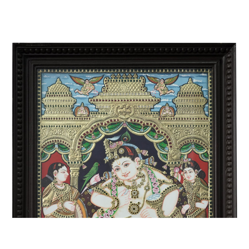 Lord Butter Krishna avec Rukmini et Satyabhama | Couleur traditionnelle avec or 24 carats | Avec cadre