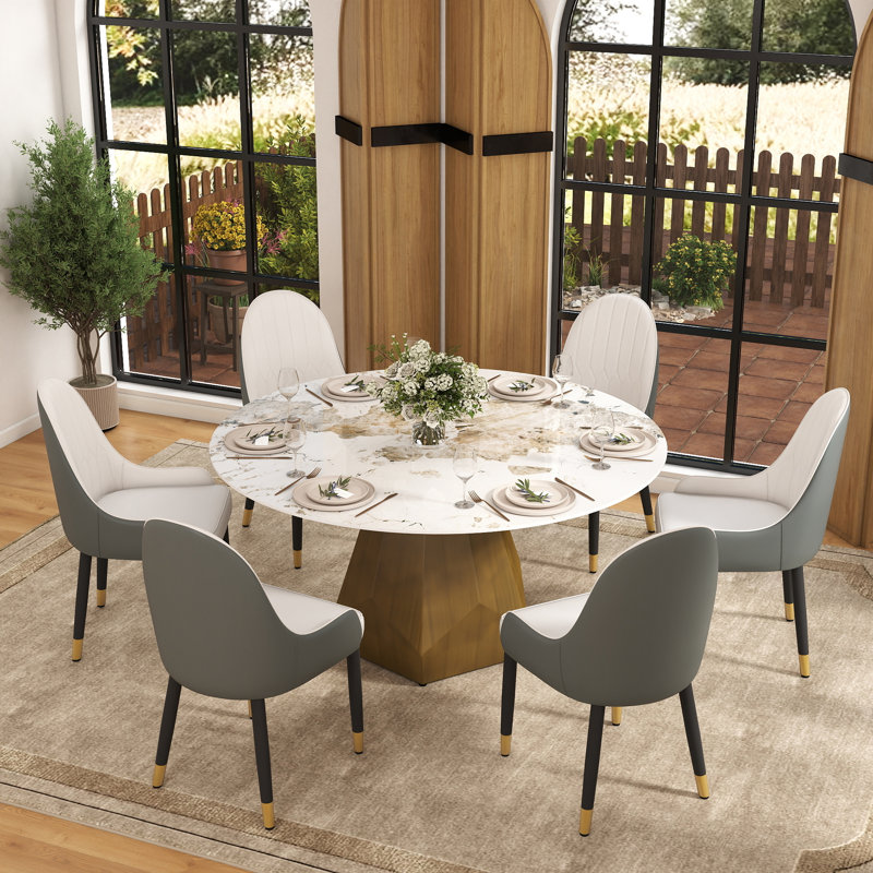 Ensemble de salle à manger moderne 7 pièces en pierre frittée avec base piédestal, H 29,53 po x L 59,05 po x l 59,05 po