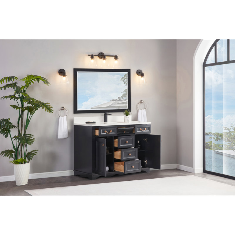 48" Cadet Finish Solid Wood Sink Vanity  With 1' Artificial Stone Top, Tricorn Black