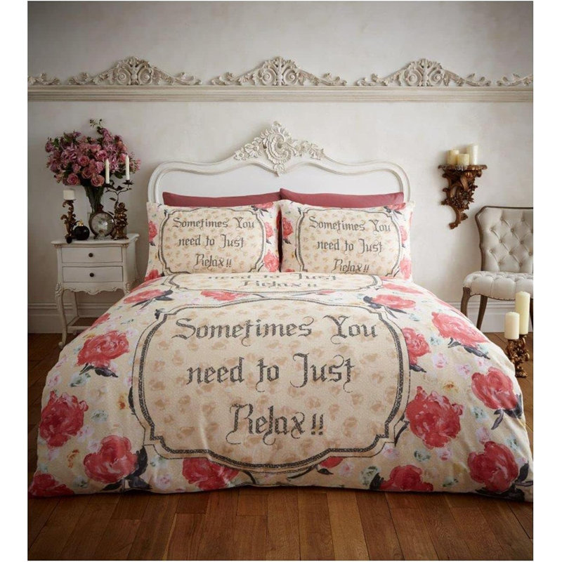 Flannel Floral Duvet Cover with Pillowcases Included, Double, Cream
