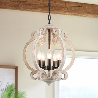 Plewak 5 - Light 15.74" Wide Candle Style Dimmable Distressed Wood Farmhouse Country Geometric Chandelier with Curve Arms and Adjustable Hanging Chain for Living Room Bedroom Foyer