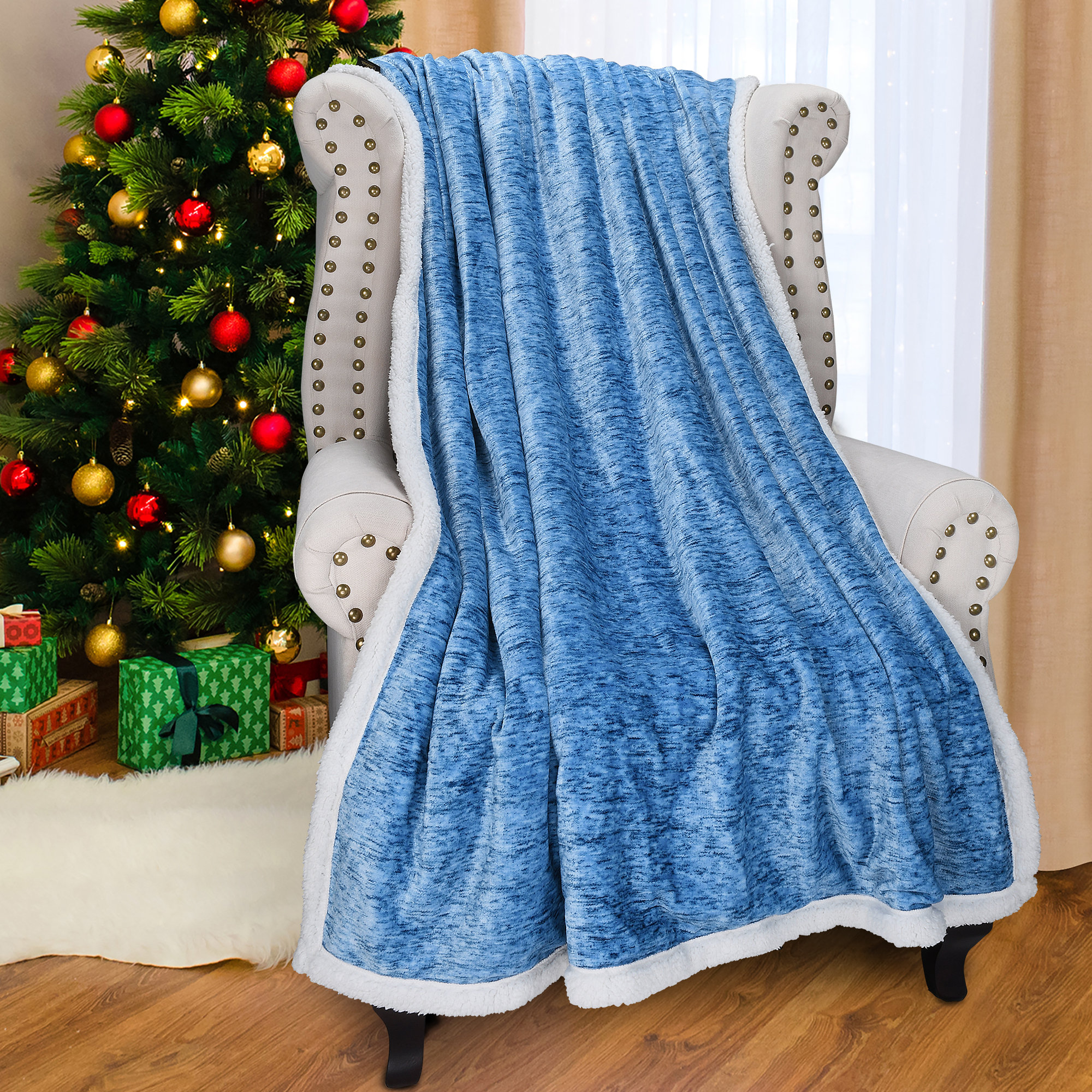 Catalonia Sherpa-Überwurf 127x152 Cm – Superweich, Flauschig, Gemütlich, Als Sofadecke Oder Bettüberwurf (Melange Blau)