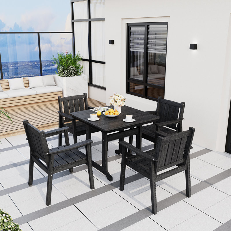 Davonia Gray 5-Piece HDPE Plastic Patio Outdoor Dining Set with Arm Chairs, Black
