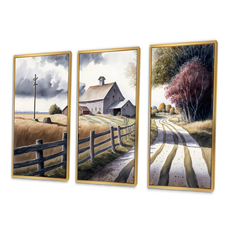 «Path To The Barn V», reproduction sur toile 3 pièces, H 28 po x l 36 po x P 1 po, Encadrement doré