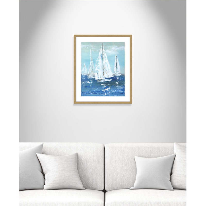 Voiles blanches - reproduction d'art, H 25,5 po x l 21,5 po x P 0,75 po, Toile avec cadre en bois beige