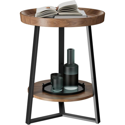 Round End Table With Storage Shelf, 2-Tier Farmhouse Side Table For Living Room & Bedroom, Sturdy Wood Tabletop & Metal Frame, Compact Nightstand With Open Shelves