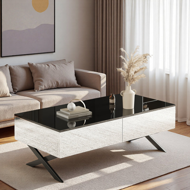 Table basse rectangulaire à miroir avec 2 tiroirs, base en métal et plateau noir ultrabrillant