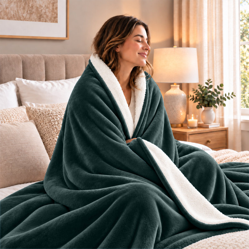 Home Comfort Sherpa Fleece Throw Blanket Cozy Reversible Blanket for Bed Sofa and Couch, 130cm W x 150cm L, Emerald