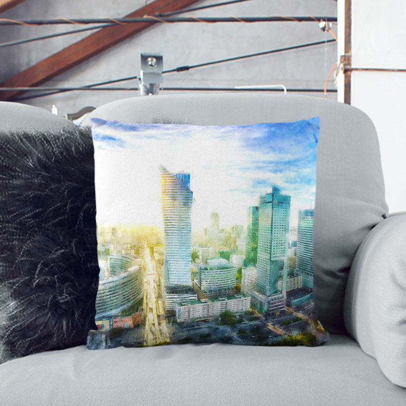 Skyline of Warsaw in Poland Painting Cushion with Filling, 40cm H x 40cm W x 15cm D, Stone