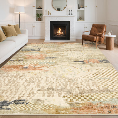 8'x10' Large Boho Abstract Machine Washable Rug with Non-Slip Rubber Backing Low-Pile, Stain Resistant Foldable Carpet for Living Room, Dining Room
