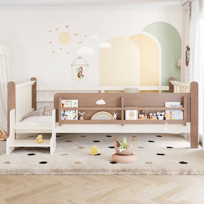 Lit double pleine grandeur avec bibliothèques de rangement, lit en bois massif pour enfants avec de jolis escaliers et garde-corps, aucun sommier nécessaire, beige
