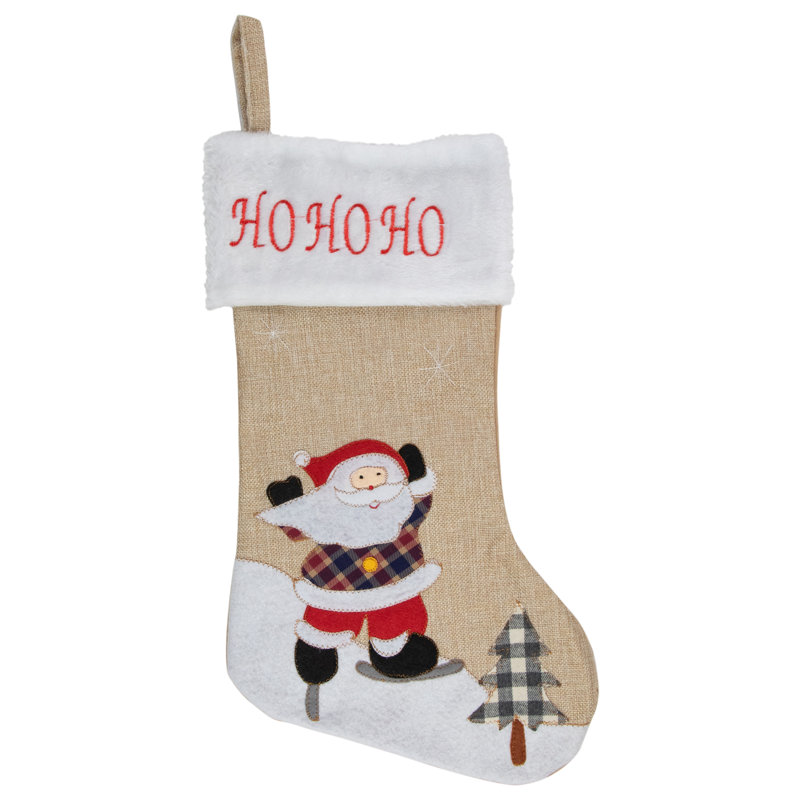 Chaussette de Noël 19 "Ho Ho Ho" en toile de jute beige et rouge