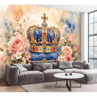 Wall Mural Peel and Stick Wallpaper Royal Crown Gemstones surrounded by Pink Roses Vintage Watercolor Self-Adhesive Removable Contact Paper Wall Decor for Living Room Bedroom 100"H x 144"W