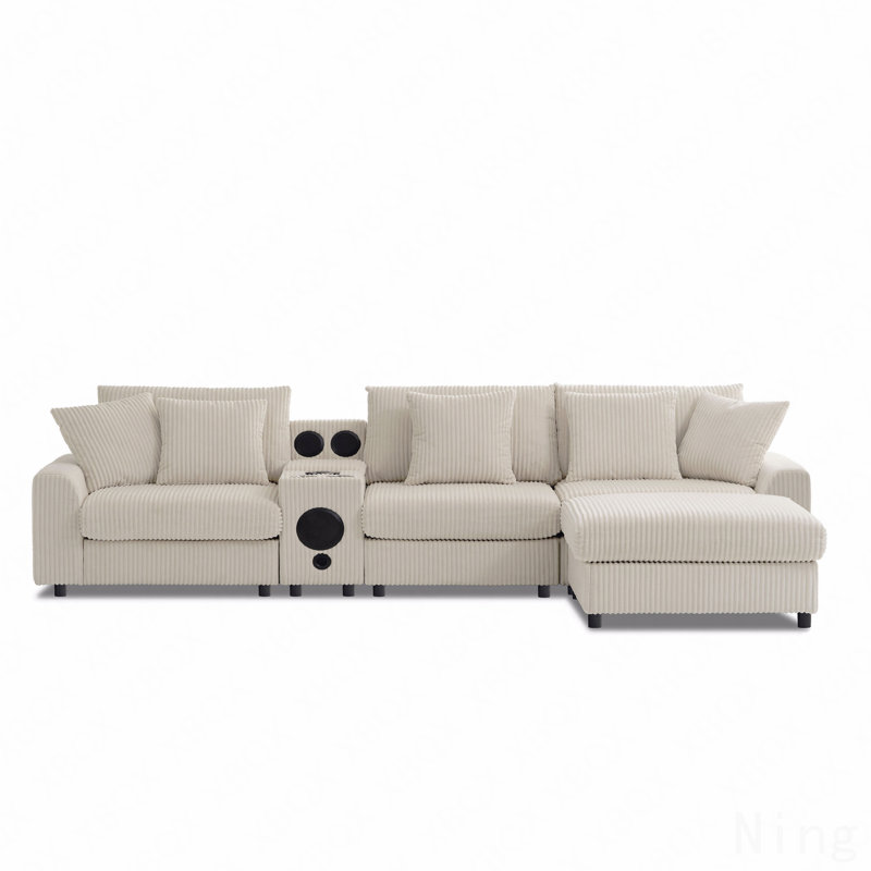 Canapé modulaire en L avec console 5 pièces Thalune, Velours côtelé crème