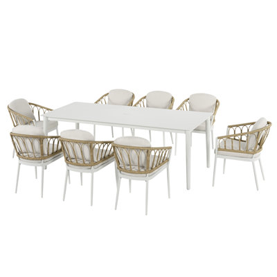 Silvie 9-Piece Wicker Aluminum Patio Dining Set with Rectangular Table and Beige Cushions
