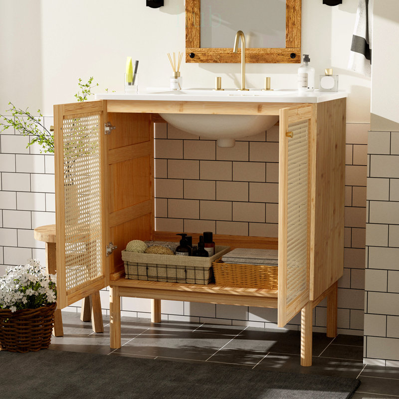 Meuble-lavabo de salle de bain en bambou naturel de 76 cm (30 pouces) avec portes en rotin faites à la main et mécanismes de fermeture en douceur