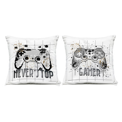 Gamer Words with Modern Pixels 2 Piece Outdoor Printed Pillow Set, design by Kim Allen