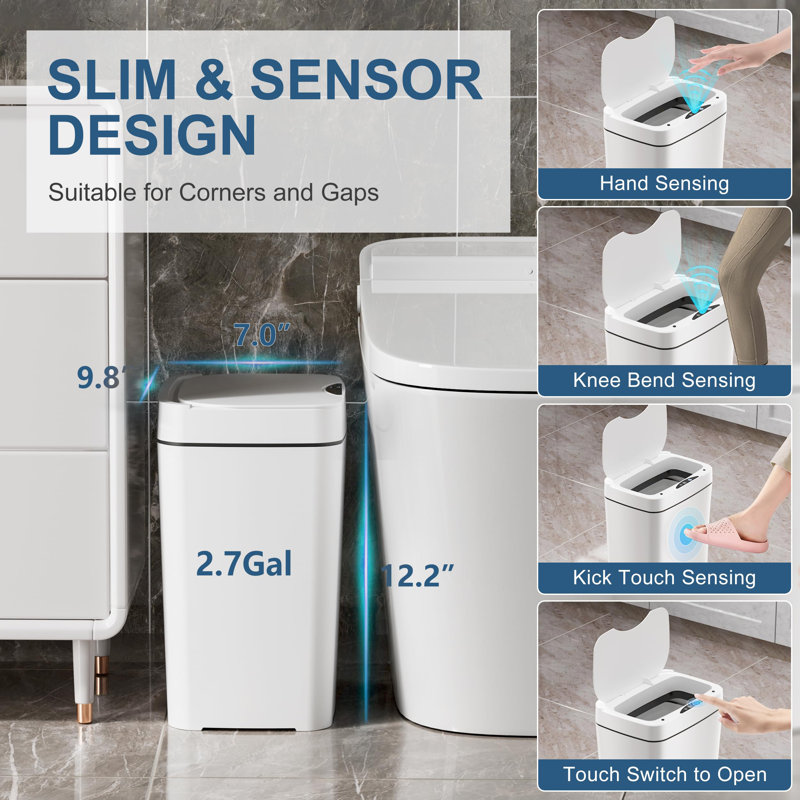 White Slim Touchless Motion Sensor Plastic Trash Can Set