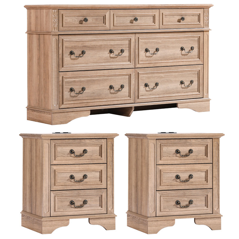 Ensemble de chambre à coucher 3 pièces - commode 7 tiroirs et 2 tables de chevet, Naturel