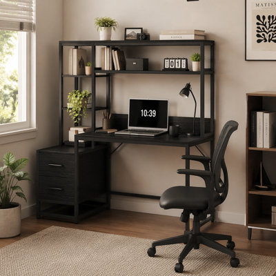 Tall Computer Desk with Drawers and Shelves for Efficient Home Office Workstation Organization.