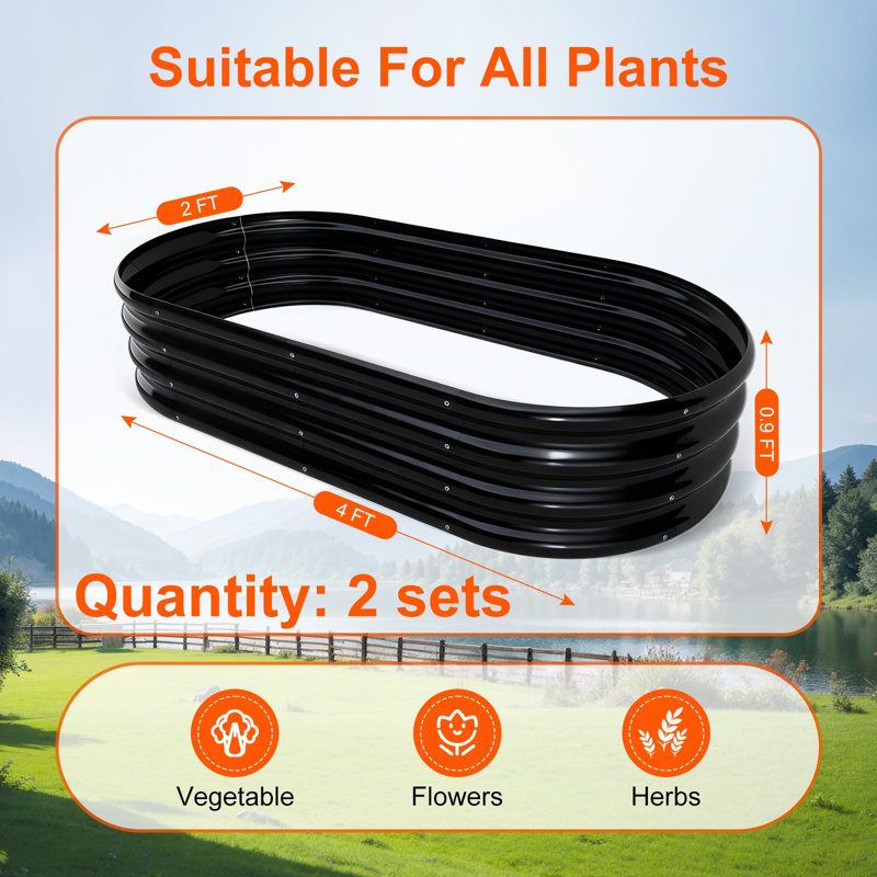 Jardinière en métal recyclé (lot de 2), trousse de jardinière ovale galvanisée de 1,2 m (4 pi), noire, Noir