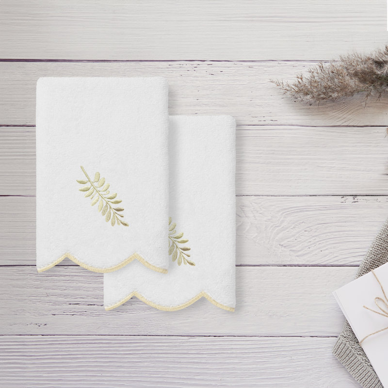  100% Turkish Cotton FERN TOSS Scallop 2PC Embellished Fingertip Towel Set, White/Beige, Fingertip Towel - 2 Pack