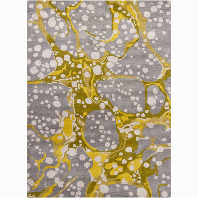 Adairsville Authentic Hand-Tufted Handmade Muted Yellow, Gold, Silver Gray & Ivory Modern Organic Abstract Marbled Wool Area Rug