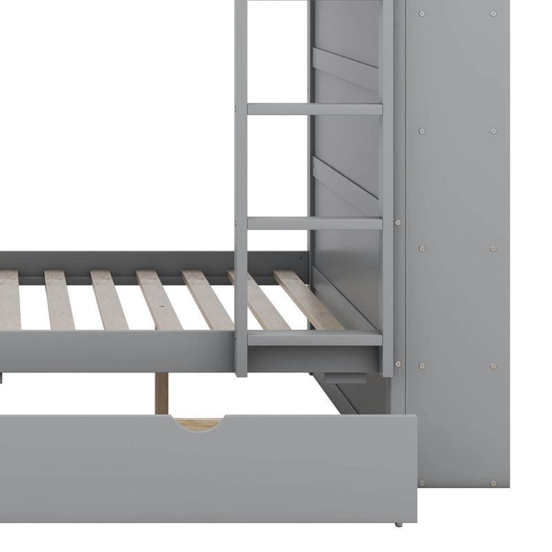 Lit superposé double au-dessus de double avec tablettes de rangement, structure de lit superposé en bois avec 2 tiroirs et armoire à couches multiples