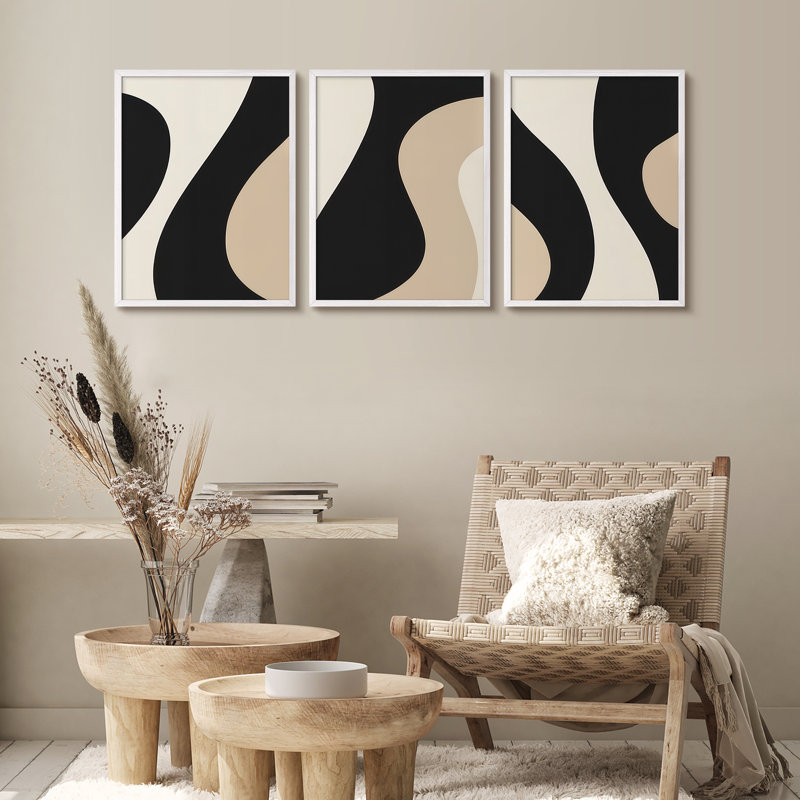 "Modern Abstract Curves", ensemble de 3 reproductions d'art mural encadrées - motif géométrique minimaliste noir, beige et blanc, œuvre d'art contemporaine pour le salon ou le bureau
