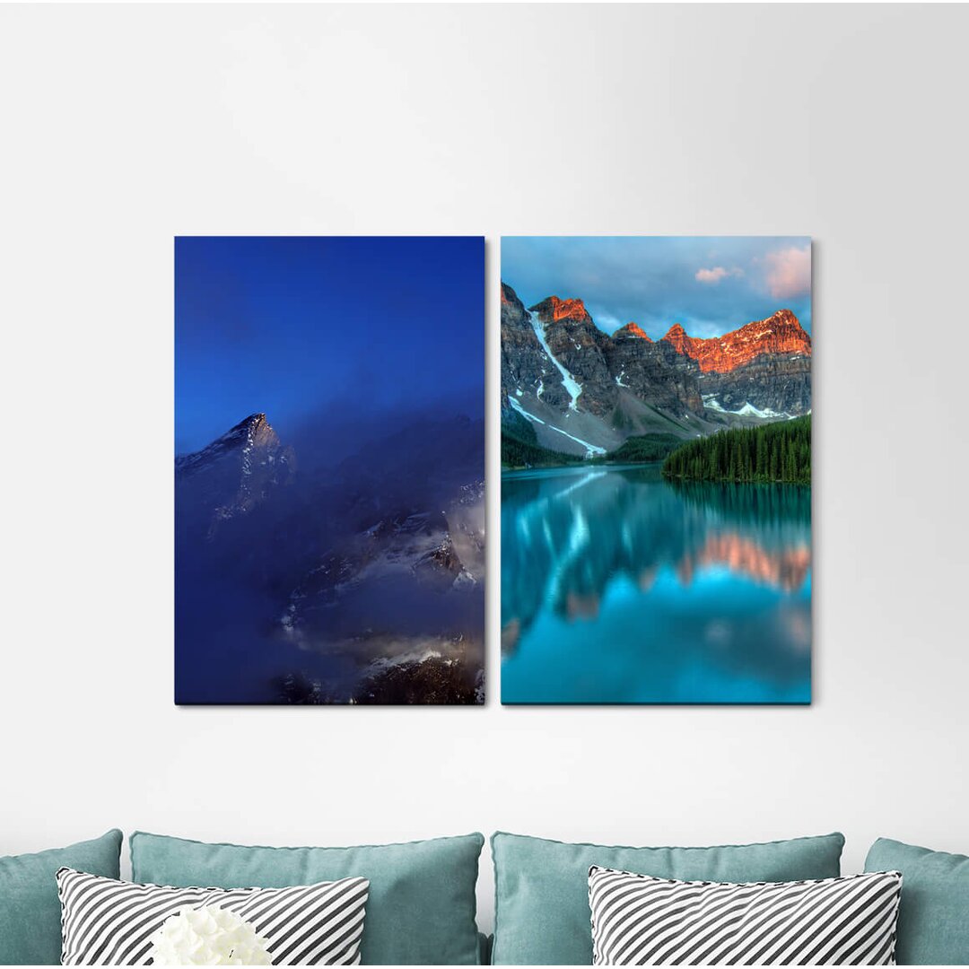 2-tlg. Leinwandbilder-Set - Fotografie "Kanada-Berge Snowy Peaks Tannenwald See Natur Stille"