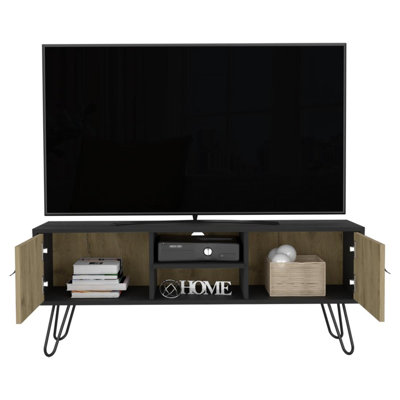  Meuble télé 48 po beige et noir avec rangement ouvert et fermé - rangement multimédia transitionnel