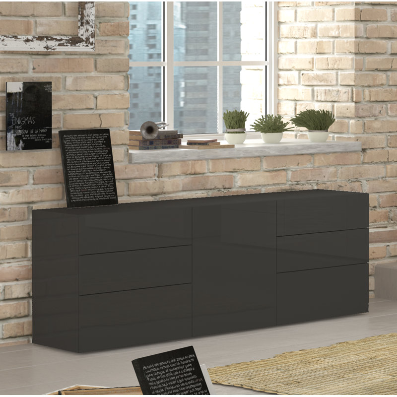 Cadiz 170 Cm Wide 6 Drawer Sideboard, Glossy Anthracite