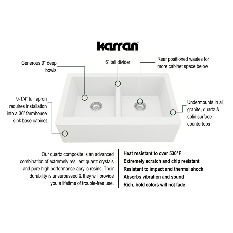 Évier de cuisine Karran Quartz, Blanc, Noir mat