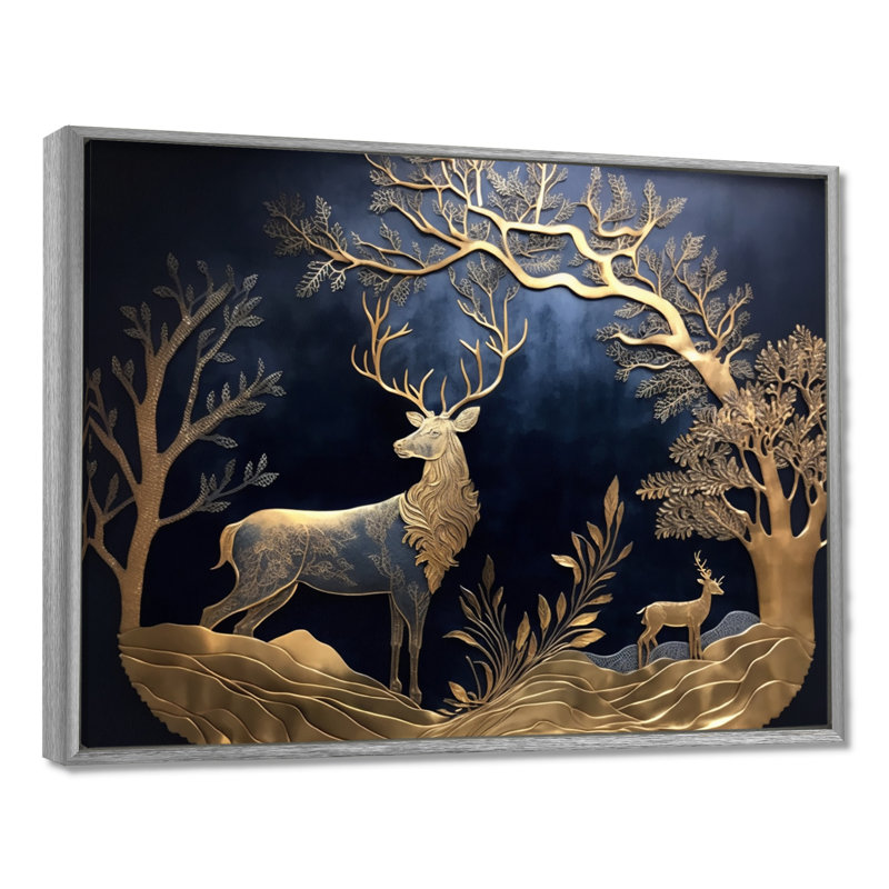 Golden Deer In Forest II, 12" H x 20" W x 1" D, Silver Floater Framed