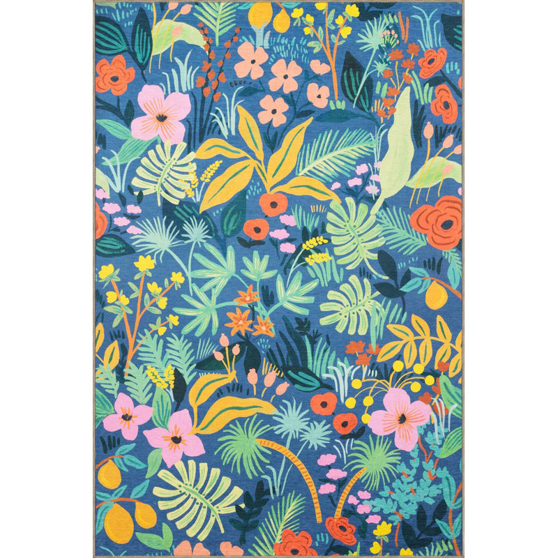 Tapis bleu à motif de feuilles lavable à la machine, Sous-tapis carré 3 pi 3 po inclus