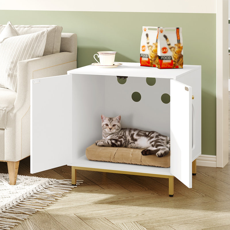 Cat Litter Box Enclosure with Arched Entrance, Hidden Litter Box Furniture, Wooden Pet House Side End Table, Storage Cabinet Bench, Fit Most Cat and Litter Box, Living Room, Bedroom，White